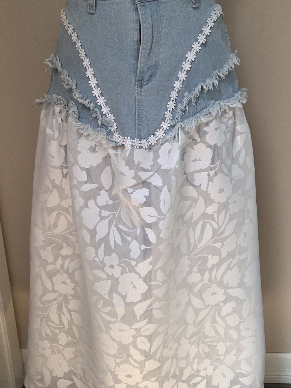 One Of A Kind Denim and White Floral Maxi Skirt
